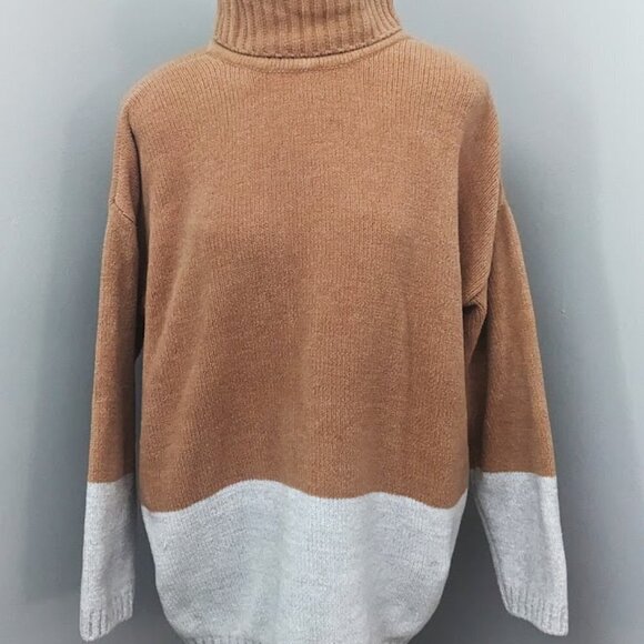 BCBG MAX AZRIA Colorblock Turtleneck Sweater Chenille Camel Gray Size Large $178 - Picture 2 of 8